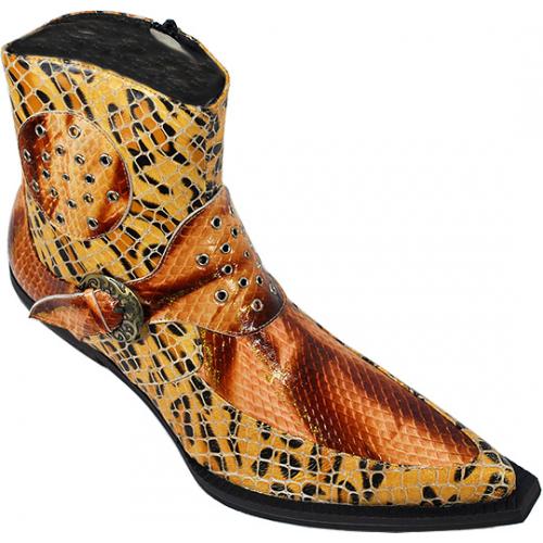 Fiesso Gold Snake / Leopard Print Pointed Toe Boots With Zipper On The Side FI6219-41